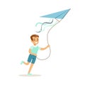 Smiling boy playing with kite, kids outdoor activity colorful character vector Illustration Royalty Free Stock Photo