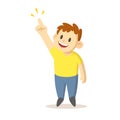 Smiling boy pointing his finger up as showing something, cartoon character design. Flat vector illustration, isolated on