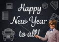 Smiling boy pointing with stick at new year greeting quotes Royalty Free Stock Photo