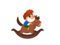 Smiling boy riding adorable wooden toy horse on white background Royalty Free Stock Photo