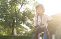 Smiling boy in safety helmet riding his bike Royalty Free Stock Photo