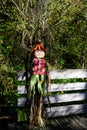 Smiling boy scarecrow leaning against a wood fence Royalty Free Stock Photo