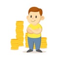 Smiling boy standing in fron of big pile of golden coins. Rich, lucky young man, cartoon character design. Flat vector Royalty Free Stock Photo