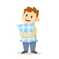 Smiling boy standing with pillow pressed to his belly, cartoon character design. Flat vector illustration, isolated on
