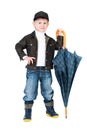 Smiling boy standing with umbrella isolated Royalty Free Stock Photo