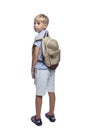 A smiling boy stands with a backpack behind his back. Back to school. Back view. Vertical. Isolated on a white background Royalty Free Stock Photo