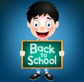 Smiling Boy Student Character Holding Green Chalkboard