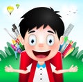 Smiling Boy Student Character Wearing Red Backpack full of School Supplies