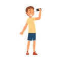 Smiling Boy Taking Selfie Photo, Cute Child Character Photographing Himself with Smartphone Cartoon Vector Illustration