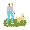 Smiling boy training his dog by throwing away ball outdoor Royalty Free Stock Photo