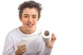 Smiling boy unrolling toilet blank white paper roll