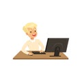 Smiling boy using computer, informatics lesson at school vector Illustration on a white background Royalty Free Stock Photo