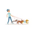 Smiling boy walking with group of different breeds dogs. Young volunteer at work. Cartoon kid character in blue jeans, t