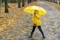 Smiling boy walks in the park with an yellow umbrella. Walk with child in rainy street Royalty Free Stock Photo