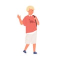 Smiling boy waving hand and saying hi or bye. Schoolboy walking and carrying school bag. Blonde kid gesturing hello or goodbye. Royalty Free Stock Photo