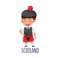 Smiling Boy Wearing National Costume of Scotland Vector Illustration