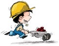 Smiling Boy with a Wheelbarro and a Hardhat