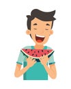 Smiling boys eating watermelon, summer fun illustration