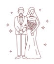 Smiling bride and groom drawn with contour lines on white background. Portrait of happy newlyweds standing together