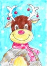 Smiling brown deer portrait, child drawing