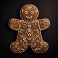 Smiling brown gingerbread man with icing patterns.