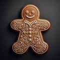 Smiling brown gingerbread man with icing patterns.