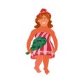 The brown-haired woman in bath towel standing with a birch broom. Vector colorful illustration in cartoon style.