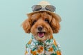 Smiling brown toy Poodle dog wears hat with sunglasses on top