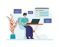 Smiling brunet man working as developer illustration