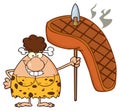 Smiling Brunette Cave Woman Cartoon Mascot Character Holding A Spear With Big Grilled Steak. Royalty Free Stock Photo