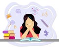 Smiling brunette girl sitting at a desk with books, reading. Study concept illustration