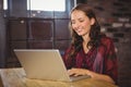 Smiling brunette using laptop Royalty Free Stock Photo