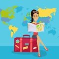 Smiling Brunette Woman Seating on Suitcase