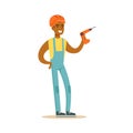 Smiling builder wearing orange helmet and work clothes standing and holding drill in his hands, colorful character