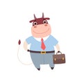 Smiling Bull Businessman Wearing Formal Clothes, Cute Farm Animal Cartoon Character Standing with Briefcase Vector Royalty Free Stock Photo