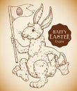 Smiling Bunny with a Flag and Basket for Easter Holiday, Vector Illustration