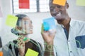 Smiling business colleagues writing on sticky notes Royalty Free Stock Photo