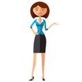 Smiling business girl presents something. Presenting and smiling young woman.Vector.