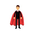 Smiling business man in classic black suit with red tie and superhero mantle. Successful office worker. Male character