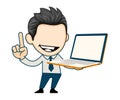 Smiling business man holding laptop computer and showing pointing finger up. Technology concept in cartoon style Royalty Free Stock Photo