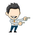 Smiling business man points right in cartoon vector style