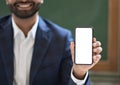 Business man showing white mock up phone screen. Mockup cellphone template.