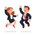 Smiling business man and woman jumping together Royalty Free Stock Photo