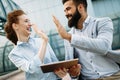 Smiling business man and woman chatting outdoor Royalty Free Stock Photo