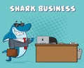 Smiling Business Shark Cartoon Mascot Character Holding A Thumb Up By An Office Desk Royalty Free Stock Photo