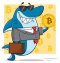 Smiling Business Shark Cartoon Mascot Character In Suit, Carrying A Briefcase And Holding A Golden Bitcoin