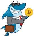 Smiling Business Shark Cartoon Mascot Character In Suit, Carrying A Briefcase And Holding A Golden Bitcoin.