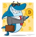 Smiling Business Shark Cartoon Mascot Character In Suit, Carrying A Briefcase And Holding A Golden Bitcoin. Royalty Free Stock Photo