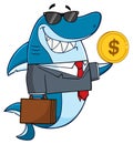 Smiling Business Shark Cartoon Mascot Character In Suit, Carrying A Briefcase And Holding A Golden Dollar Coin