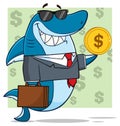 Smiling Business Shark Cartoon Mascot Character In Suit, Carrying A Briefcase And Holding A Golden Dollar Coin.